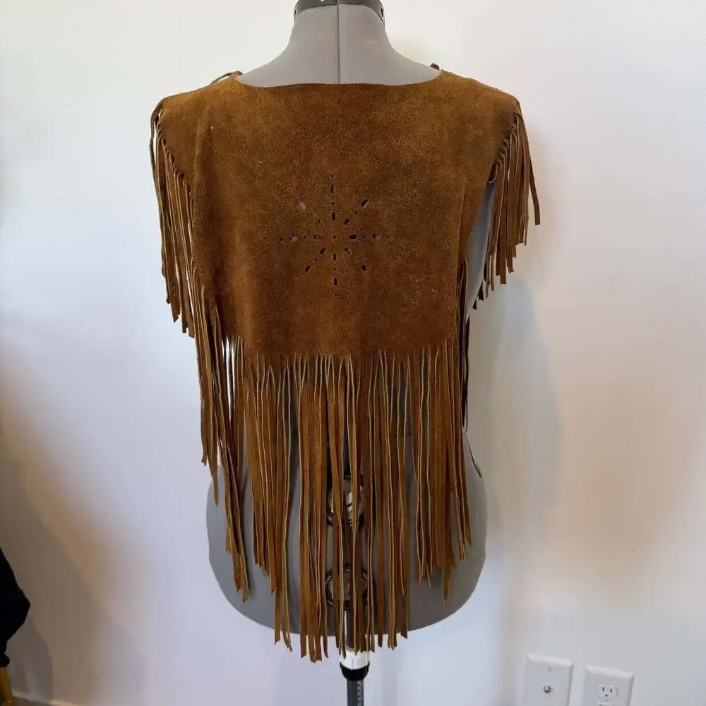 Vintage Brown Suede Leather Fringe Western Cowgirl Poncho Cape - Picture 2 of 7